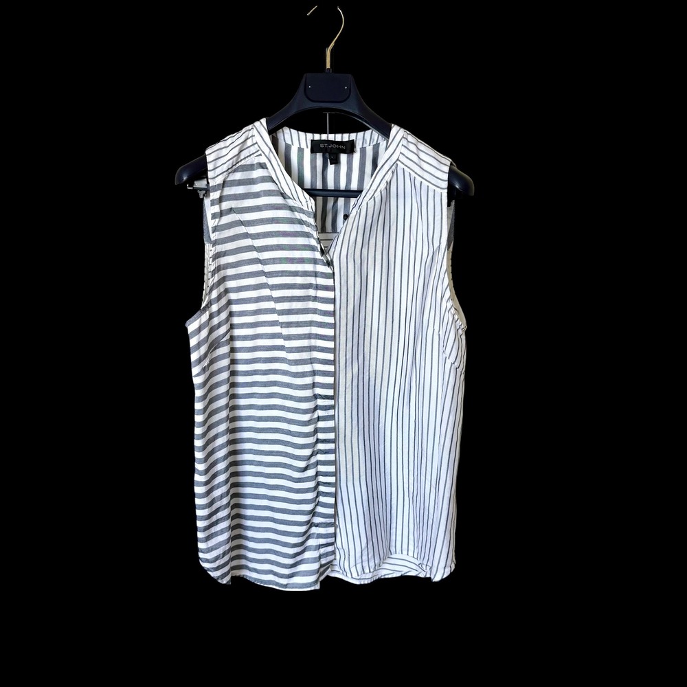 St. John Womens Mixed Stripe Sleeveless Button Front‎ Blouse Grey White Large